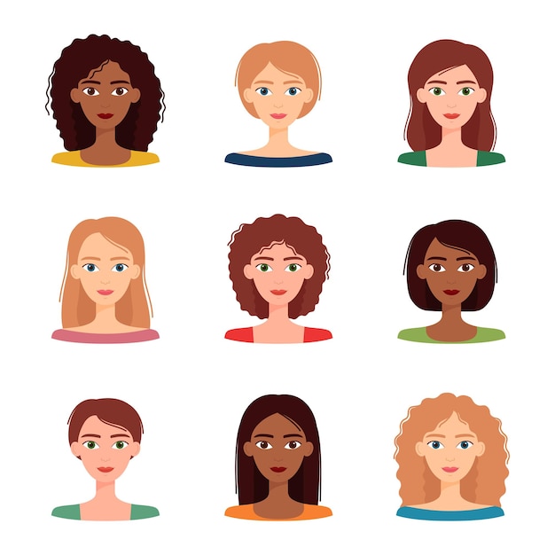 Conjunto de avatares de mulheres com cores e estilos de cabelo diferentes. grupo de diversidade de mulheres jovens, ilustração vetorial