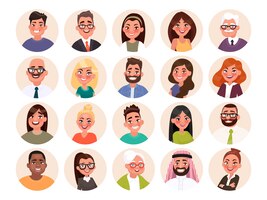Vetor conjunto de avatares de pessoas felizes de diferentes raças e idade. retratos de homens e mulheres
