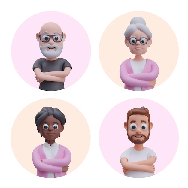 Conjunto de avatares em fundo de círculos beige rosa personagens masculinos e femininos