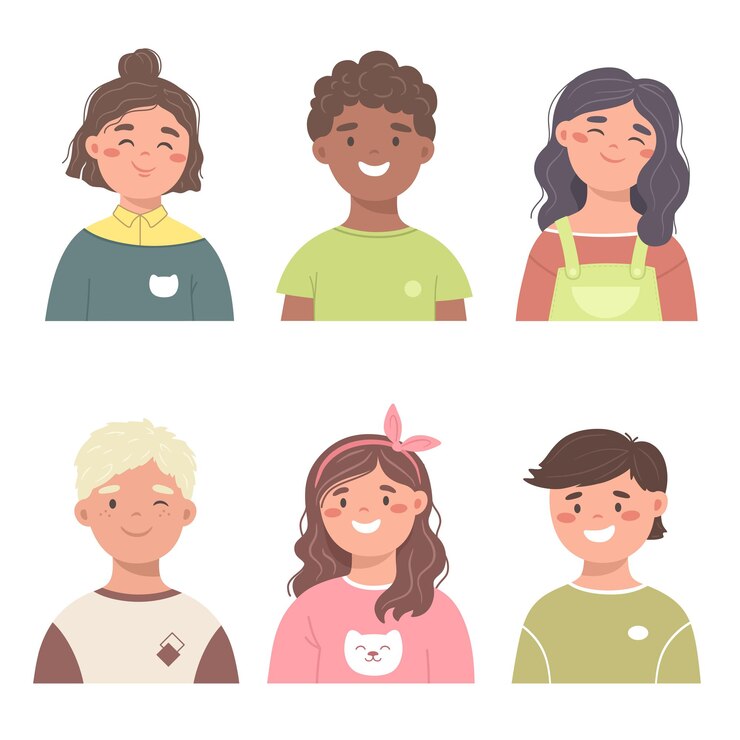 Conjunto de avatares infantis Sorrindo, meninos e meninas com estilos de cabelo e etnias diferentes