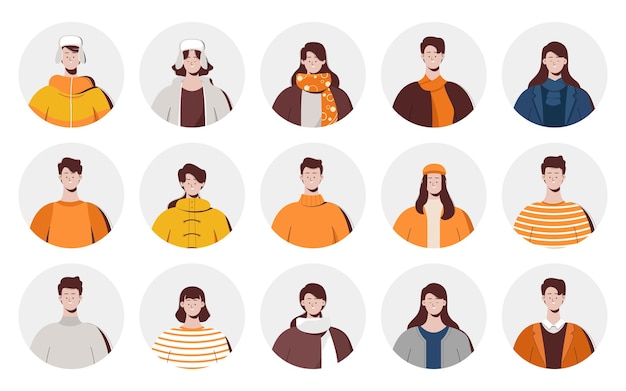 Vetor conjunto de avatares usando roupas de outono