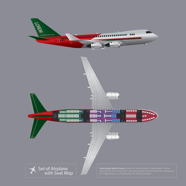 Conjunto de avião com ilustração de vetor de mapa de assento isolado