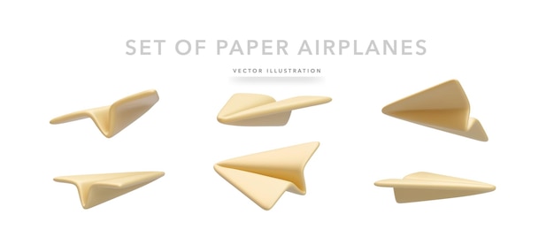 Conjunto de avião de papel amarelo realista isolado em fundo branco ilustração vetorial