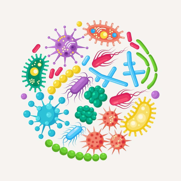 Conjunto de bactérias, micróbios, vírus, germes. Objeto causador de doenças no fundo. Microrganismos bacterianos, células probióticas. .