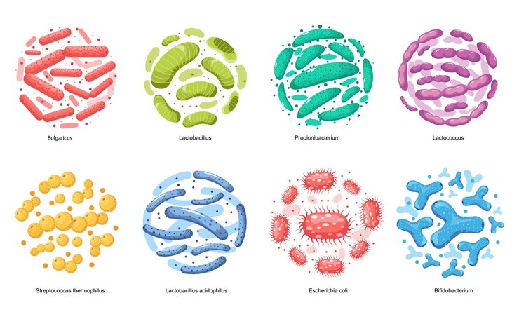 Vetor conjunto de bactérias probióticas bulgaricus, lactobacillus, propionbacterium