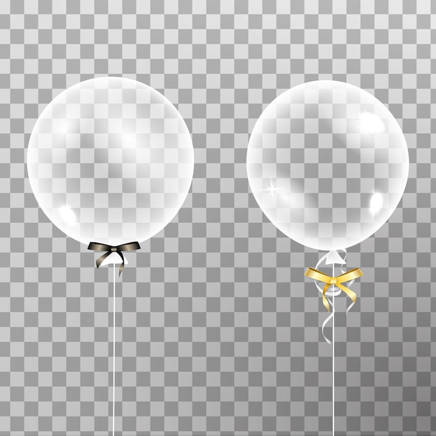 Vetor conjunto de balão de hélio transparente branco com laço isolado no ar. decorações de festa para aniversário, aniversário, comemoração. brilhar balão transparente.