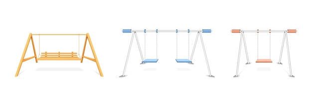 Vetor conjunto de baloiços ao ar livre bancada de madeira varanda e baloiço infantil de plástico para parque infantil ao ar livre