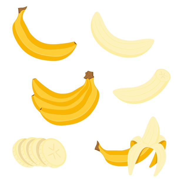 Conjunto de bananas em estilo plano um cacho de bananas na seção banana descascada