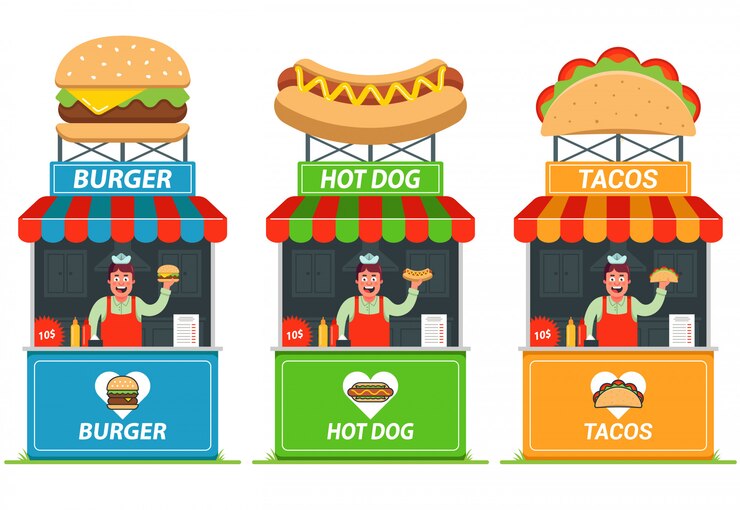 Vetor conjunto de bancas com fast-food. vendedor alegre no quiosque. ilustração plana.