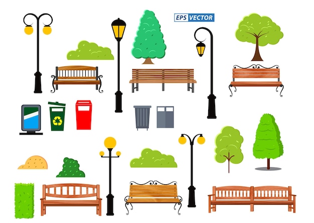 conjunto de banco de madeira realista para jardim ou banco de rua ou vetor de cartooneps