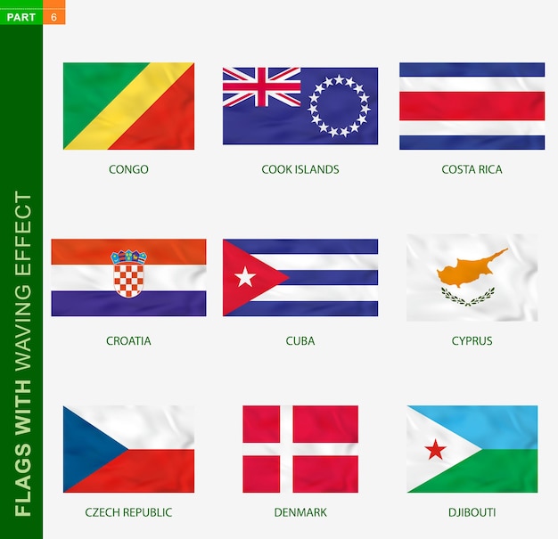 Conjunto de bandeira com efeito de ondulação, bandeira nacional com textura. bandeira vetorial do congo, ilhas cook, costa rica, croácia, cuba, chipre, república checa, dinamarca, djibuti