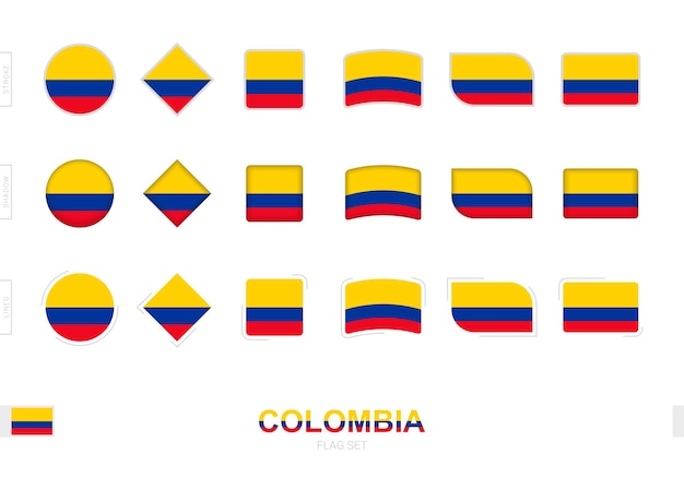 Conjunto de bandeira da colômbia, bandeiras simples da colômbia com três efeitos diferentes.