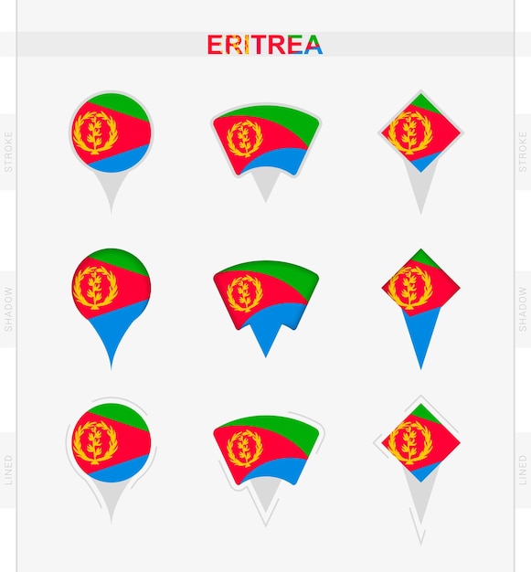 Conjunto de bandeira da eritreia de ícones de pinos de localização da bandeira da eritreia