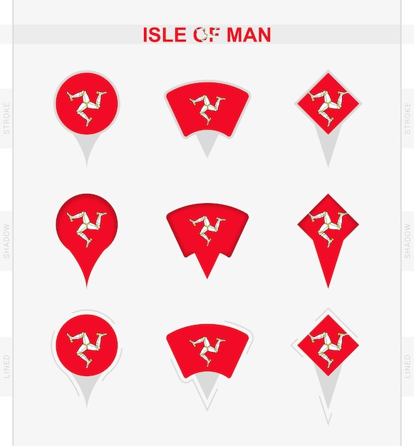 Conjunto de bandeira da ilha de man de ícones de pinos de localização da bandeira da ilha de man