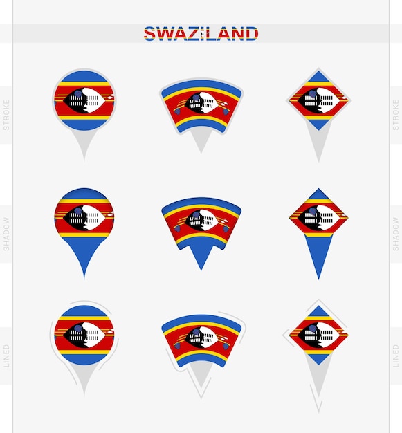 Conjunto de bandeira da suazilândia de ícones de pinos de localização da bandeira da suazilândia