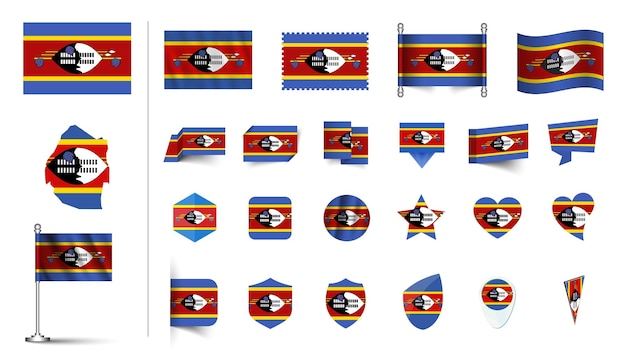 conjunto de bandeira de Eswatini plano conjunto de ícones ilustração vetorial botão de bandeira agitando símbolos de renderização 3D