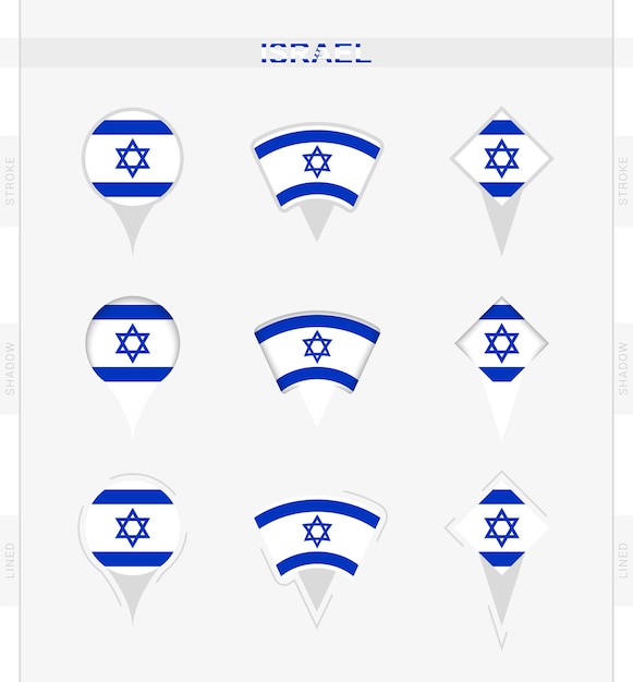 Conjunto de bandeira de israel de ícones de pino de localização da bandeira de israel