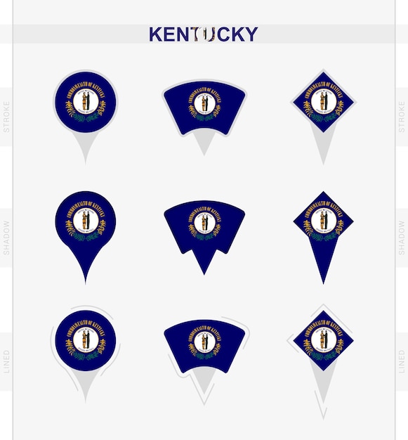 Conjunto de bandeira de kentucky de ícones de pinos de localização da bandeira de kentucky