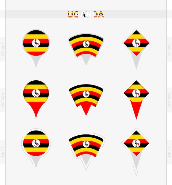 Conjunto de bandeira de uganda de ícones de pinos de localização da bandeira de uganda