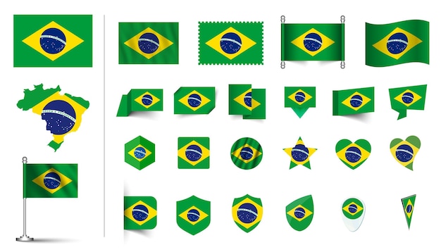 conjunto de bandeira do Brasil plano Icon set vetor ilustração botão de bandeira agitando símbolos de renderização 3d