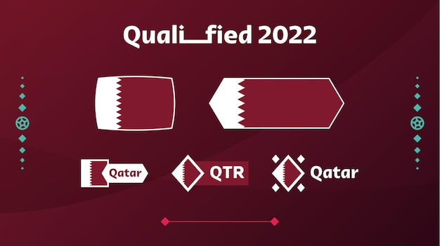 Vetor conjunto de bandeira do qatar e texto sobre fundo do torneio de futebol de 2022. ilustração vetorial padrão de futebol para banner, cartão, site. cor borgonha bandeira nacional qatar