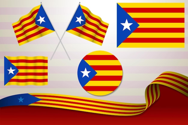 Conjunto de bandeiras da catalunha em diferentes designs ícone esfolando bandeiras com fita com fundo