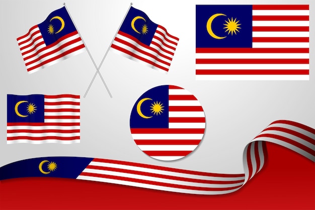 Conjunto de bandeiras da malásia em diferentes designs ícone esfolando bandeiras com fita com fundo