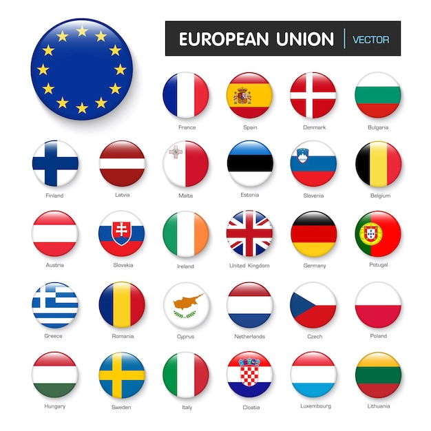 Conjunto de bandeiras da união europeia e membros na ilustração de elemento de design de stlyevector de fundo