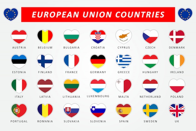 Conjunto de bandeiras de coração de países da união europeia