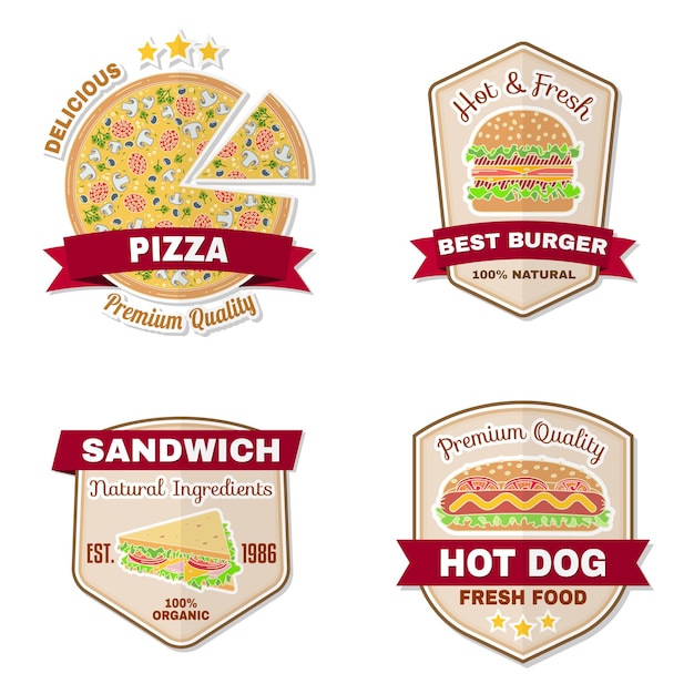 Conjunto de bandeiras de emblemas de fast food vintage e emblemas de logotipo