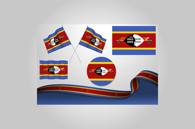 Conjunto de bandeiras de Eswatini em diferentes designs ícone esfolando bandeiras com fita com vetor de fundo