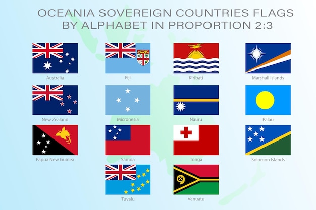 Vetor conjunto de bandeiras de países da oceania em proporção 23 com nomes