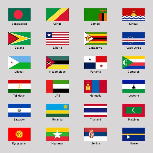 Conjunto de bandeiras de países de diferentes regiões em estilo