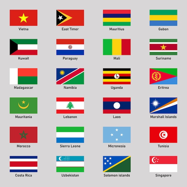 Conjunto de bandeiras de países de diferentes regiões em estilo