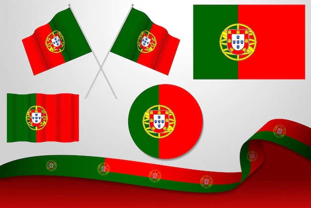 Conjunto de bandeiras de portugal em diferentes designs ícone esfolando bandeiras com fita com fundo