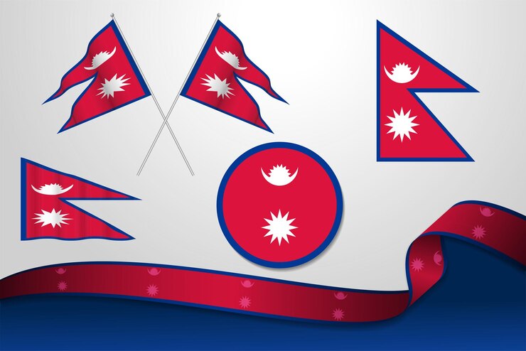 Vetor conjunto de bandeiras do nepal em diferentes designs ícone esfolando bandeiras com fita com fundo