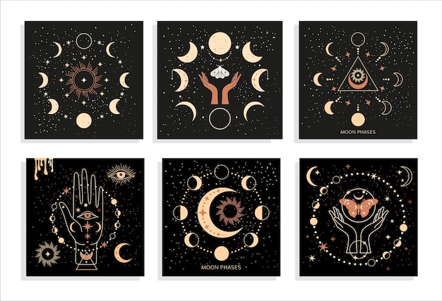 Vetor conjunto de bandeiras fases místicas da lua e mãos de mulheres e mariposas alquimia magia esotérica espaço roda sagrada