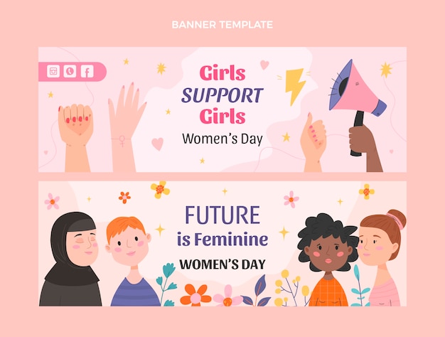 Conjunto de bandeiras horizontais planas do dia internacional da mulher