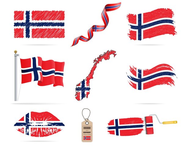 Conjunto de bandeiras penduradas da noruega com diferentes texturas formas de diversidade do país de bandeira nacional