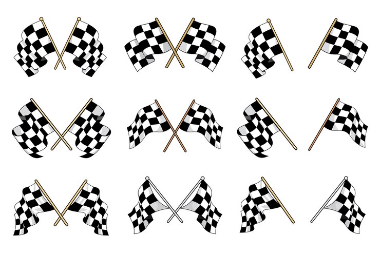 Vetor conjunto de bandeiras quadriculadas em preto e branco usadas no esporte motorizado com seis diferentes desenhos cruzados e seis bandeiras individuais mostrando diferentes movimentos de ondulação do tecido