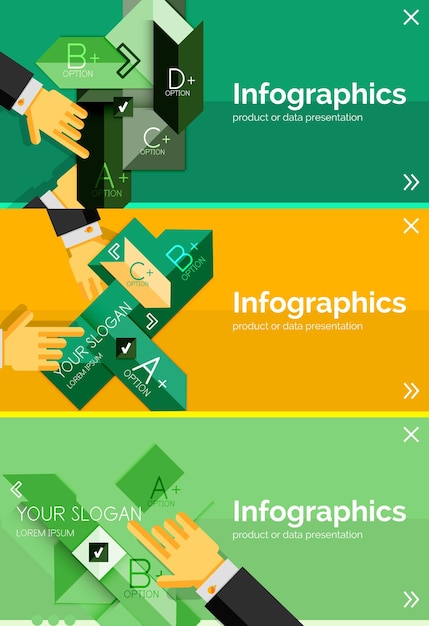 Conjunto de banner de design plano infográfico com as mãos