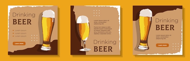 Conjunto de banner de postagem de mídia social bebendo cerveja conceito de anúncio de copos de cerveja artesanal lúpulo trigo