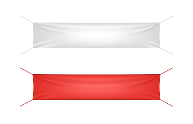 Vetor conjunto de banner de tecido branco e vermelho com dobras