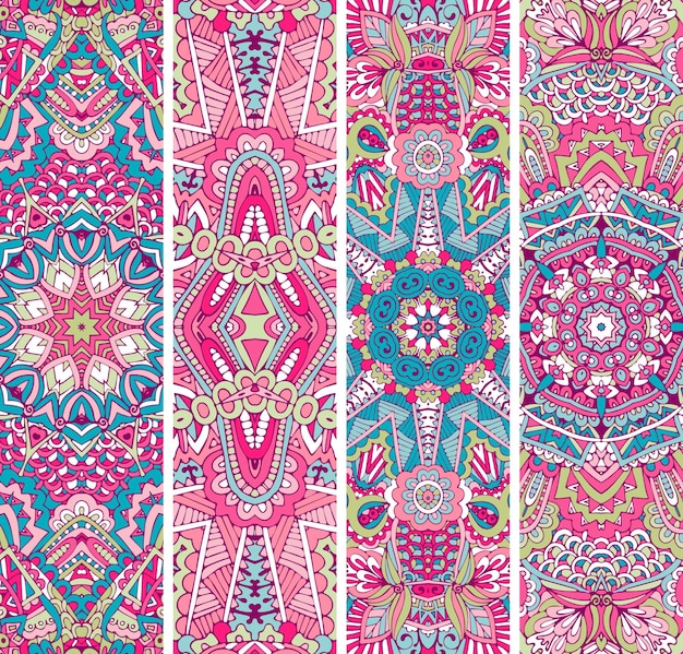 Conjunto de banner étnico ornamental colorido festivo. Modelos ornamentais de doodle geométrico tribal. estilo boho