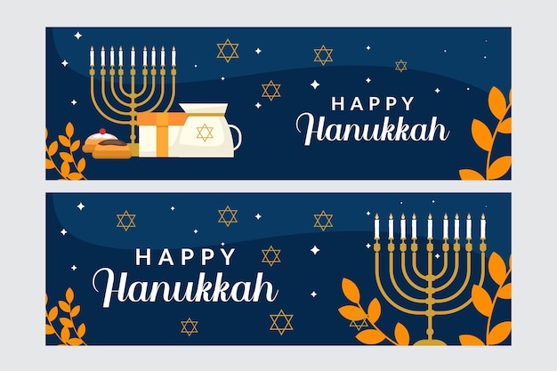 Conjunto de banner horizontal plano feliz hanukkah