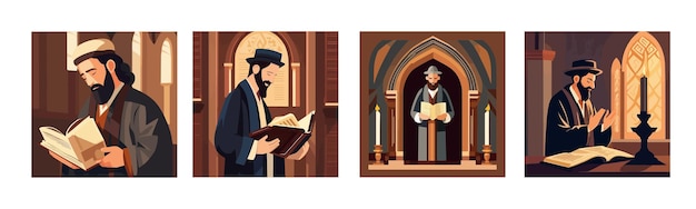 Conjunto de banner personagem judeu de desenho animado lendo a composição da torá com imagens planas do templo da sinagoga