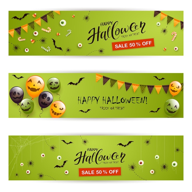 Conjunto de banner verde de halloween com venda de letras