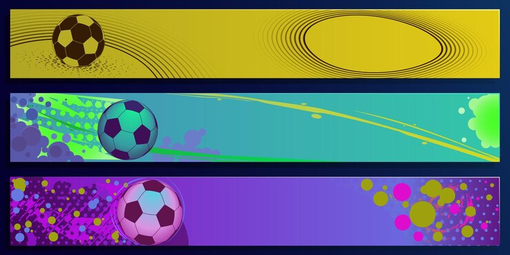 Vetor conjunto de banners com bola de futebol modelo de bola de futebol clássico fundos de cores brilhantes em uma combinação de geometria abstrata de arte de linha fina uma mistura de arte pop e quadrinhos com um padrão de bolha