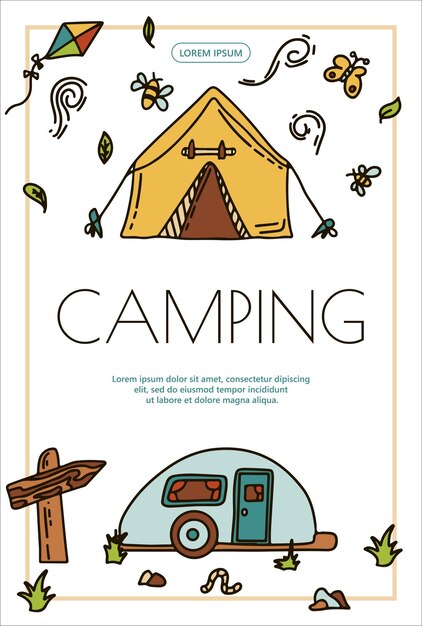 Conjunto de banners de acampamento de vetor doodle ícones de caminhada de esboço ilustração de desenho manual para piquenique de verão na natureza equipamento de acampamento