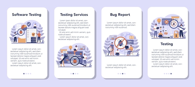 Conjunto de banners de aplicativos móveis de software de teste